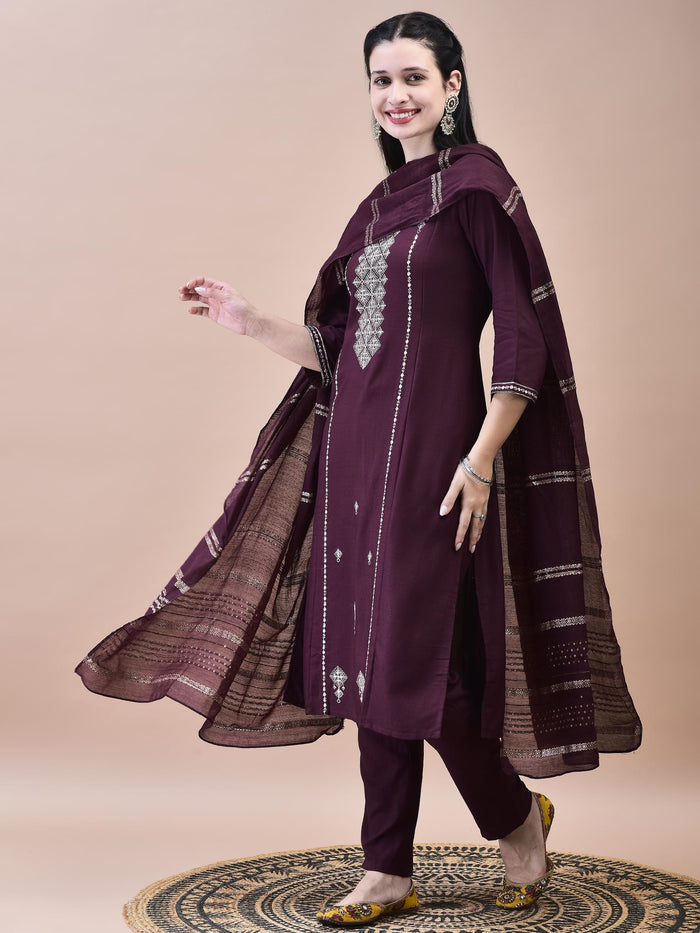 Women Poly Viscose Burgundy Embroidered Kurta Trouser Chanderi Dupatta.