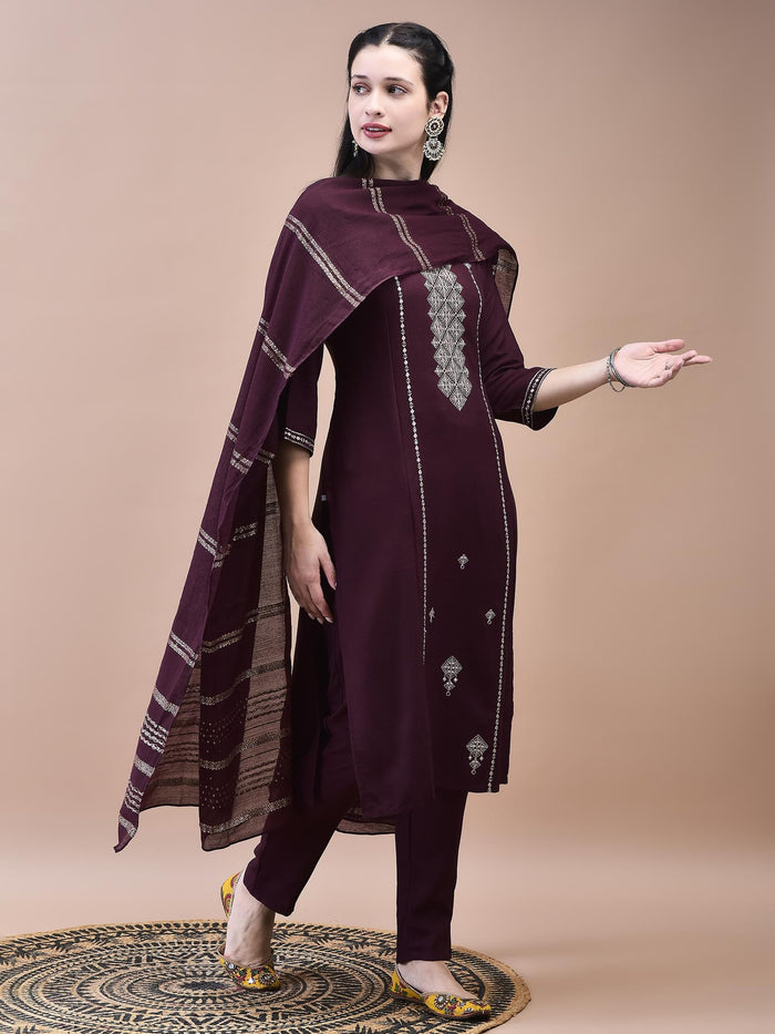 Women Poly Viscose Burgundy Embroidered Kurta Trouser Chanderi Dupatta.