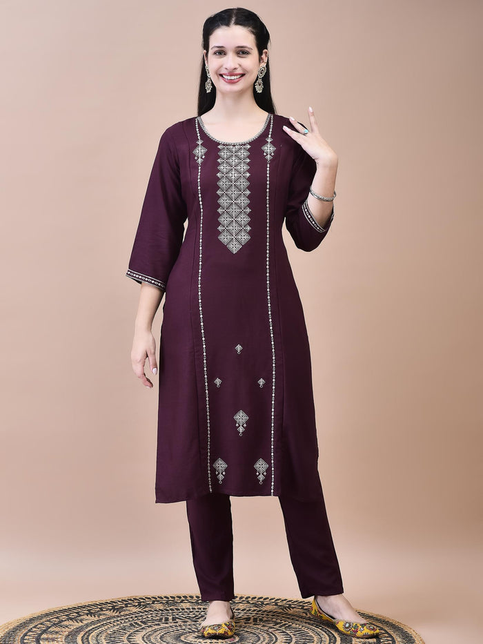 Women Poly Viscose Burgundy Embroidered Kurta Trouser Chanderi Dupatta.