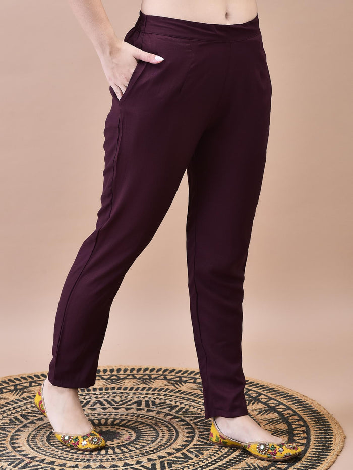 Women Poly Viscose Burgundy Embroidered Kurta Trouser Chanderi Dupatta.