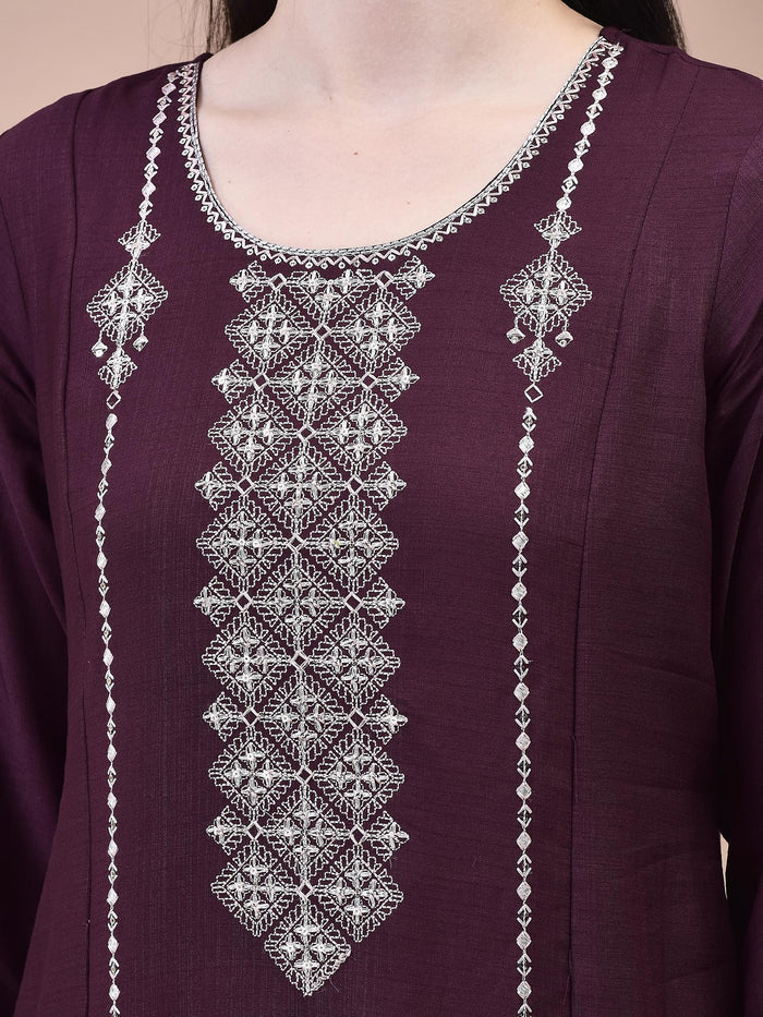 Women Poly Viscose Burgundy Embroidered Kurta Trouser Chanderi Dupatta.