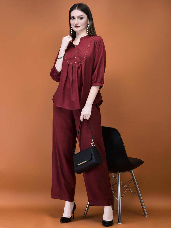 Women Poly Viscose Coral Solid Co-Ord Set.