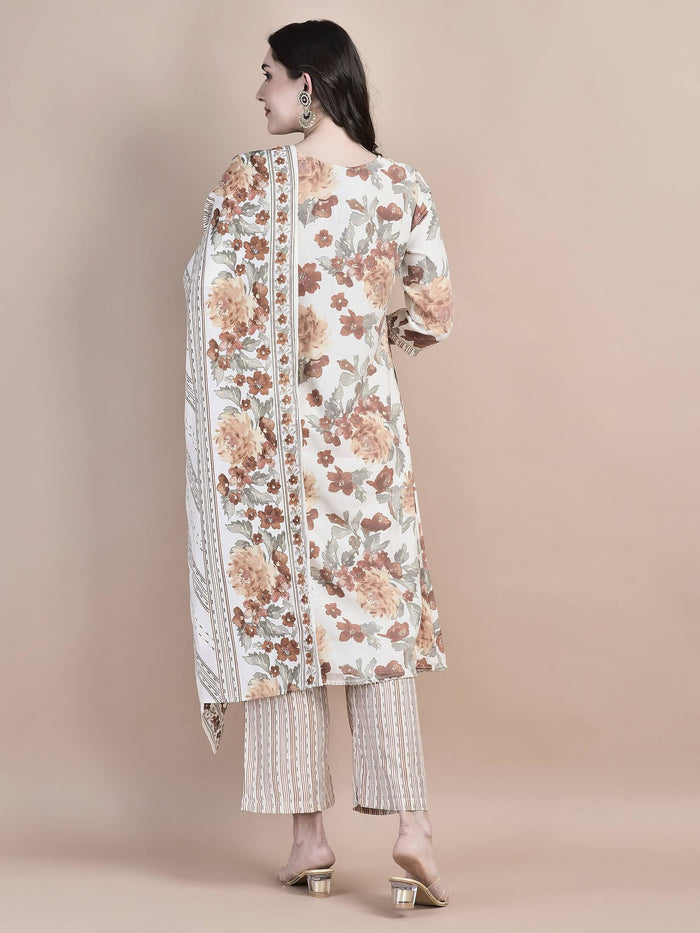 Women Poly Viscose Cream Floral Print Kurta Comfort Pant Dupatta.