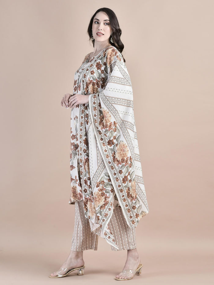 Women Poly Viscose Cream Floral Print Kurta Comfort Pant Dupatta.