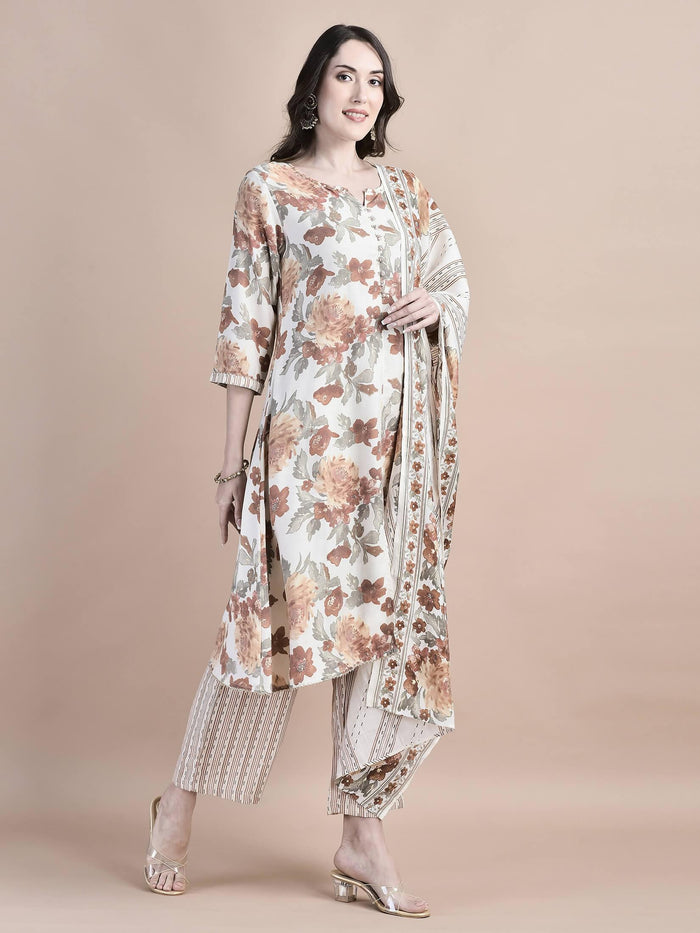Women Poly Viscose Cream Floral Print Kurta Comfort Pant Dupatta.