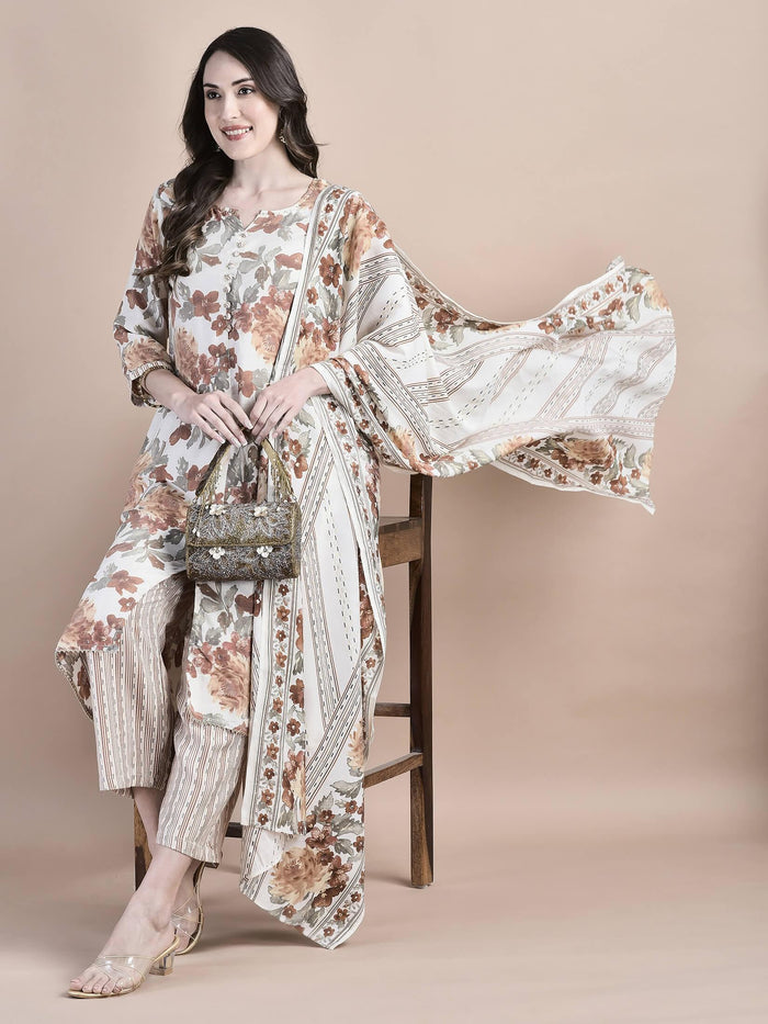 Women Poly Viscose Cream Floral Print Kurta Comfort Pant Dupatta.