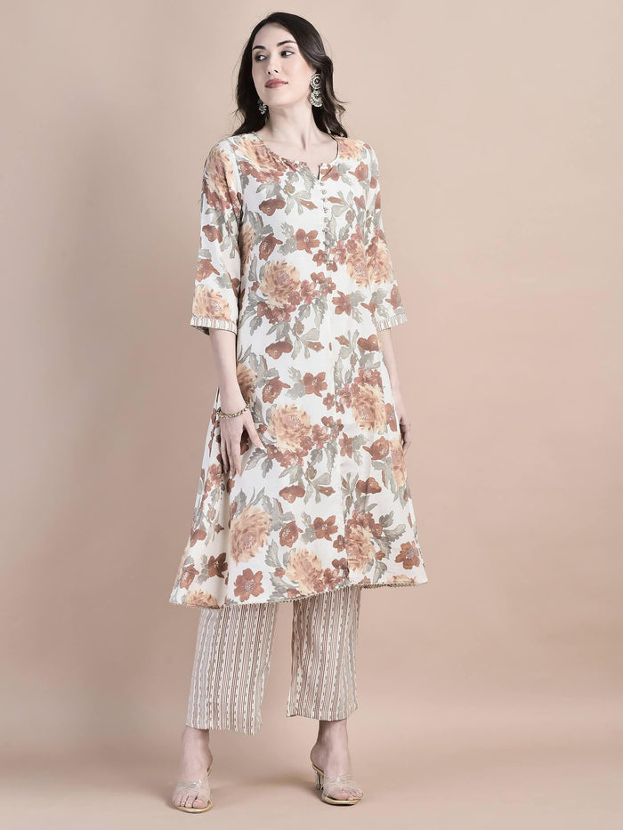 Women Poly Viscose Cream Floral Print Kurta Comfort Pant Dupatta.