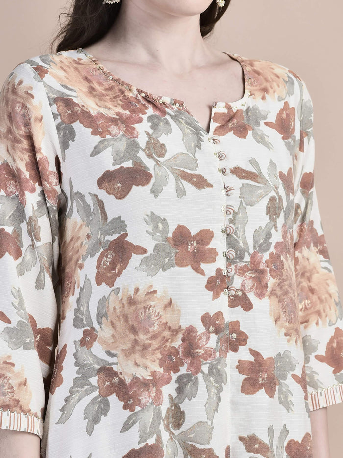 Women Poly Viscose Cream Floral Print Kurta Comfort Pant Dupatta.