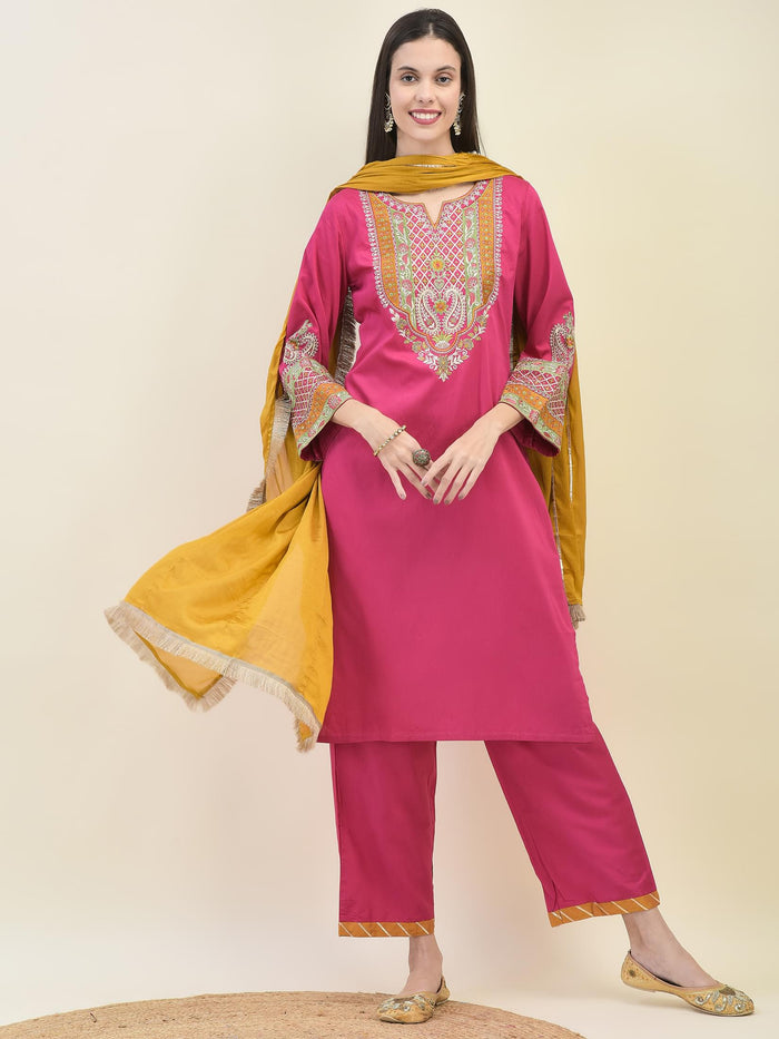 Women Poly Viscose Fuchsia Embroidered Kurta Comfort Pant Dupatta.