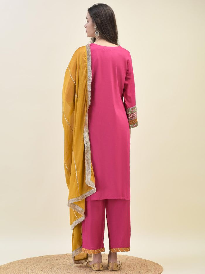 Women Poly Viscose Fuchsia Embroidered Kurta Comfort Pant Dupatta.