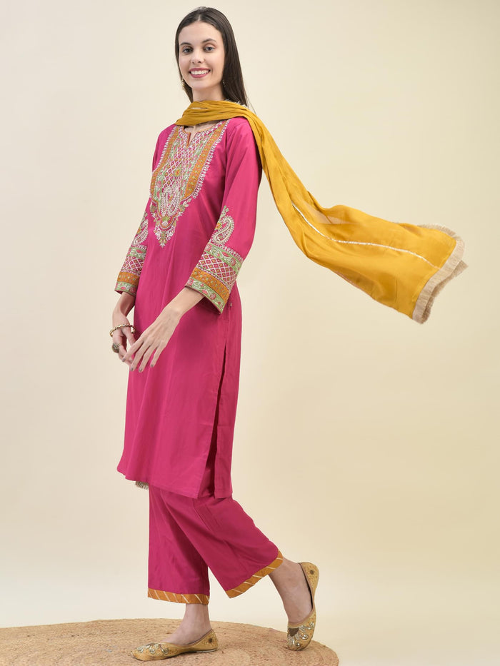 Women Poly Viscose Fuchsia Embroidered Kurta Comfort Pant Dupatta.