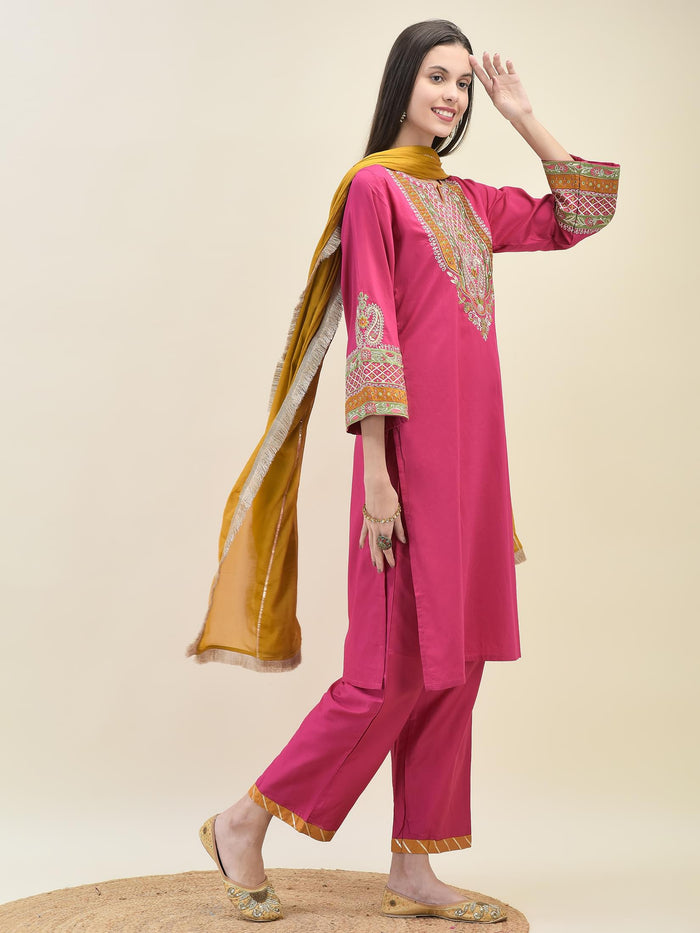 Women Poly Viscose Fuchsia Embroidered Kurta Comfort Pant Dupatta.