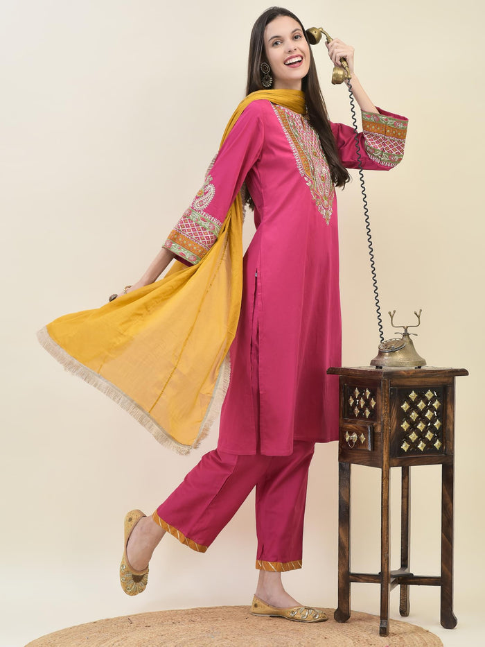 Women Poly Viscose Fuchsia Embroidered Kurta Comfort Pant Dupatta.