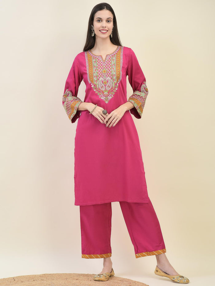 Women Poly Viscose Fuchsia Embroidered Kurta Comfort Pant Dupatta.