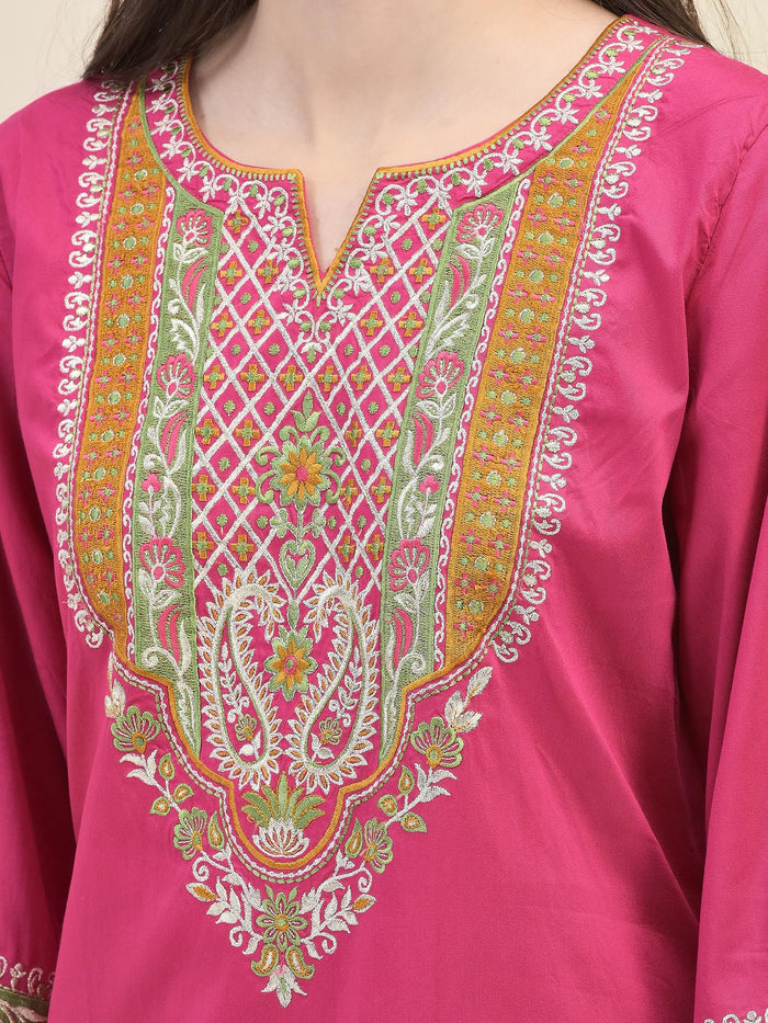Women Poly Viscose Fuchsia Embroidered Kurta Comfort Pant Dupatta.