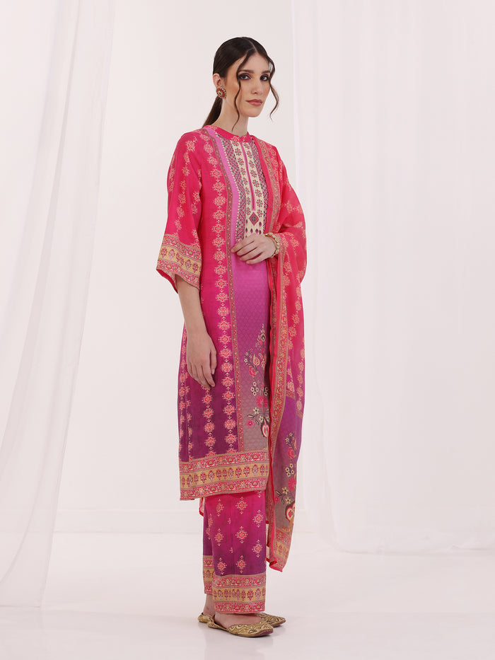 Women Poly Viscose Fuchsia Floral Print Kurta Comfort Pant Dupatta