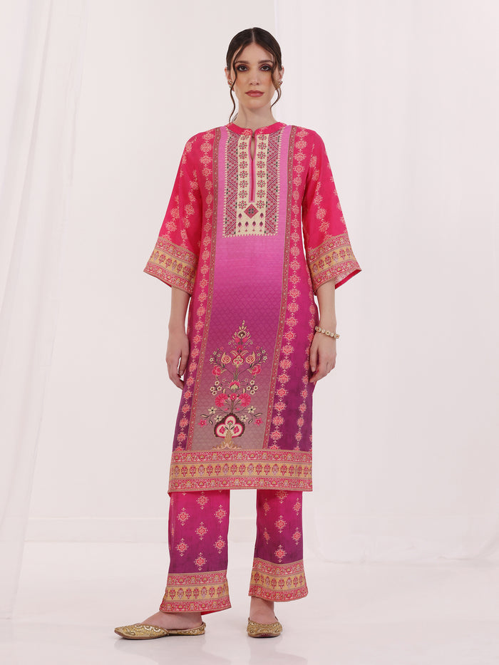 Women Poly Viscose Fuchsia Floral Print Kurta Comfort Pant Dupatta