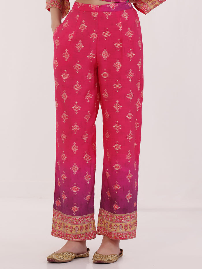 Women Poly Viscose Fuchsia Floral Print Kurta Comfort Pant Dupatta