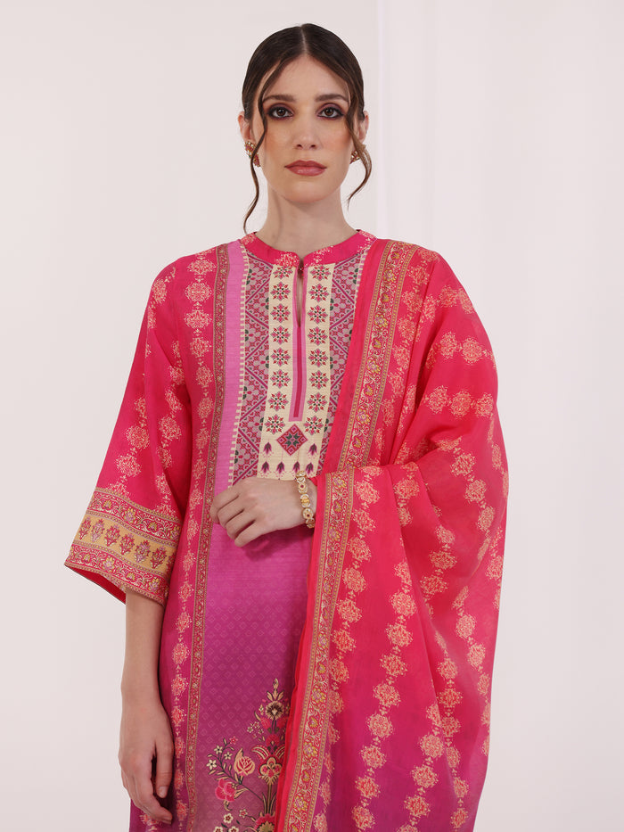 Women Poly Viscose Fuchsia Floral Print Kurta Comfort Pant Dupatta