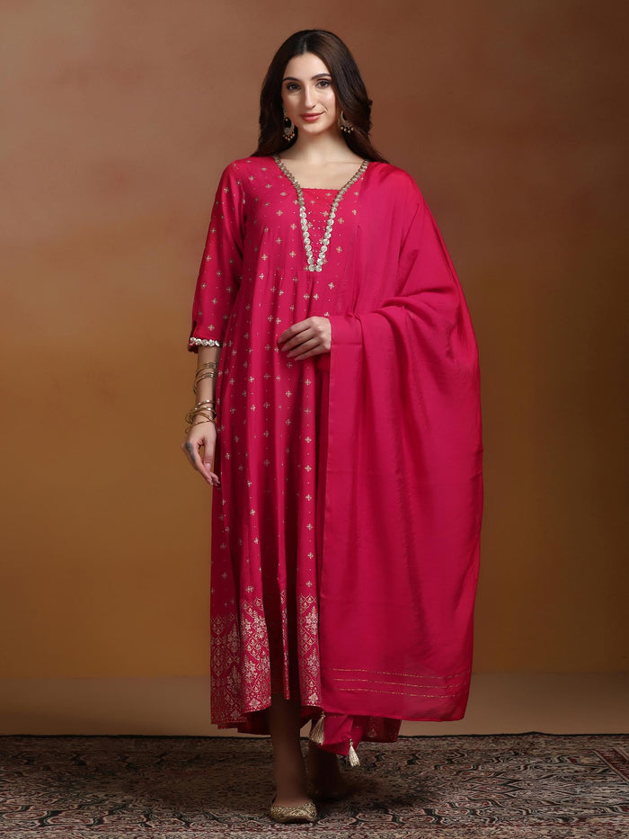 Women Poly Viscose Fuchsia Ornamental Print Dress With Dupatta.