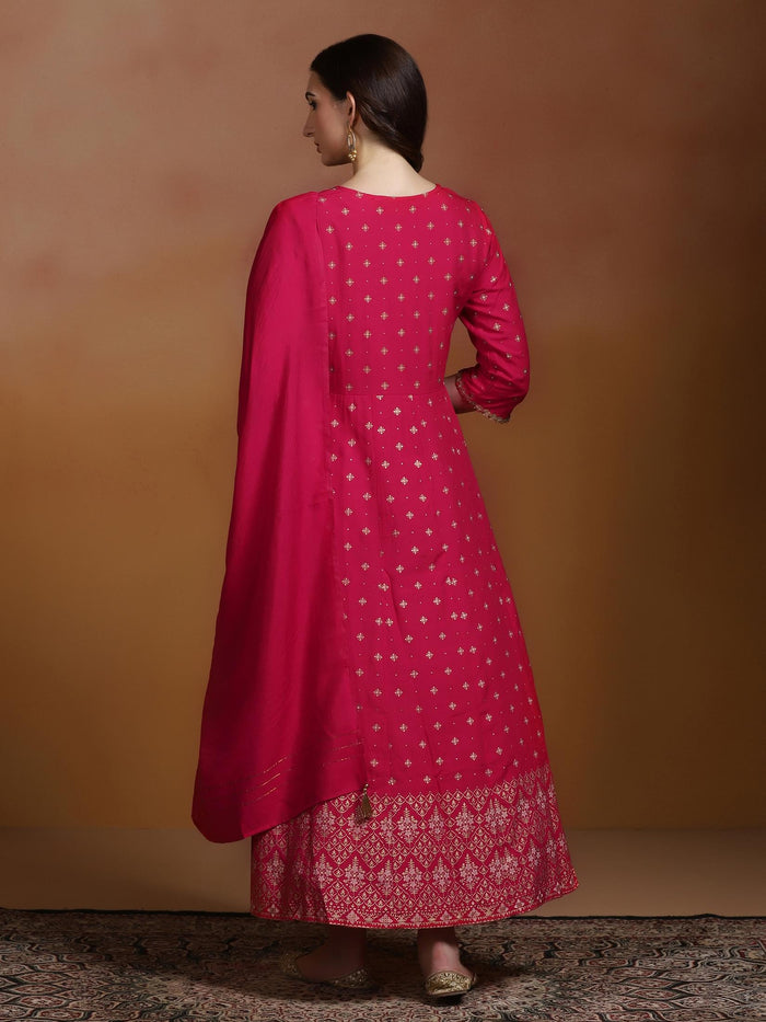 Women Poly Viscose Fuchsia Ornamental Print Dress With Dupatta.
