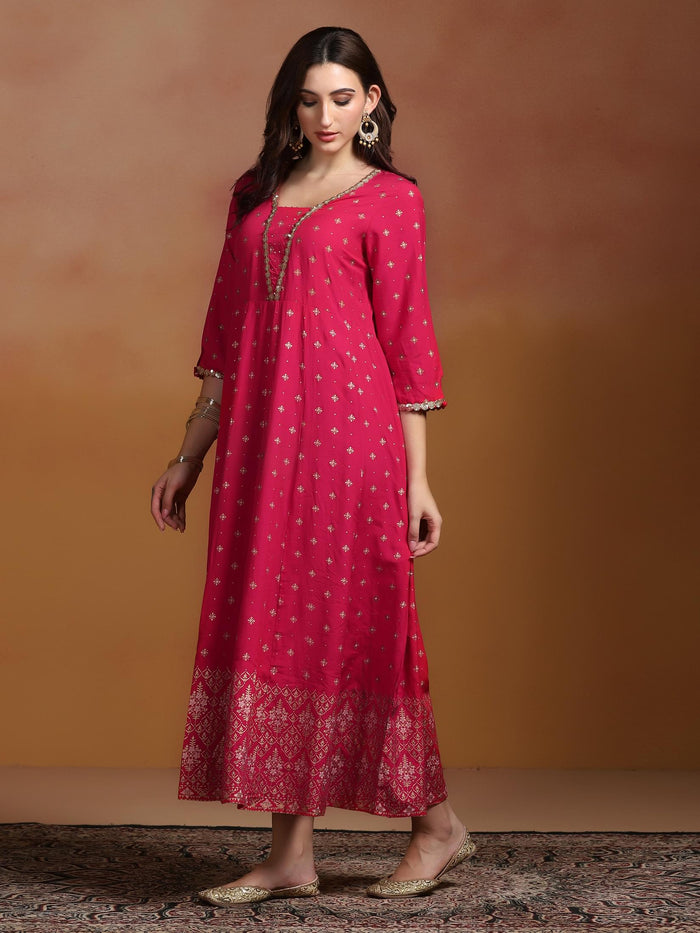 Women Poly Viscose Fuchsia Ornamental Print Dress With Dupatta.