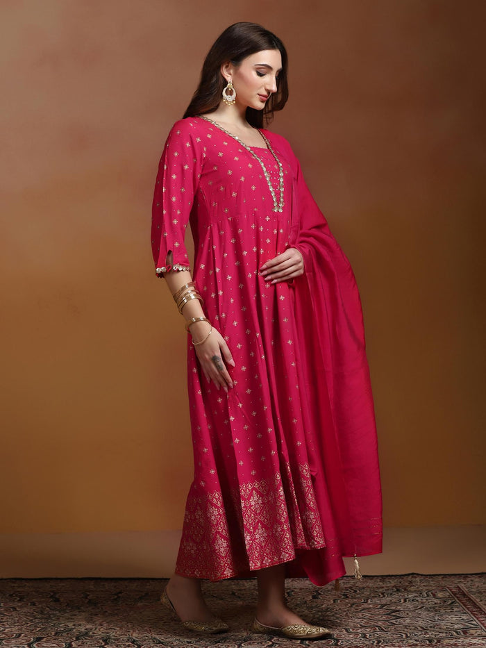 Women Poly Viscose Fuchsia Ornamental Print Dress With Dupatta.