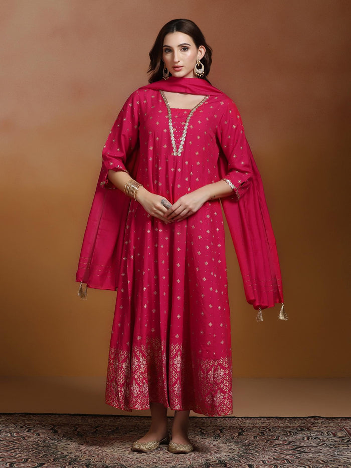 Women Poly Viscose Fuchsia Ornamental Print Dress With Dupatta.