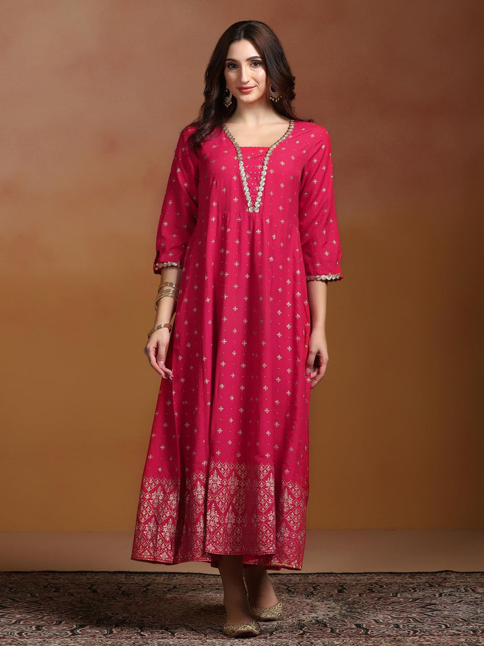 Women Poly Viscose Fuchsia Ornamental Print Dress With Dupatta.