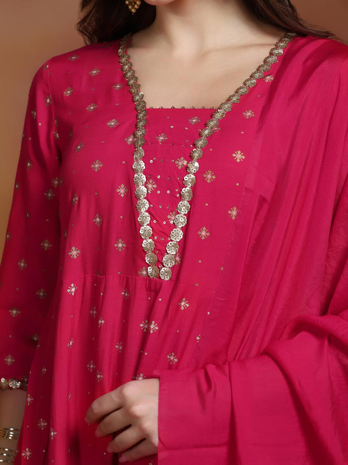 Women Poly Viscose Fuchsia Ornamental Print Dress With Dupatta.