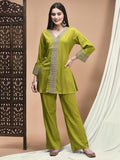 Women Poly Viscose Green Embroidered Co-Ord Set.