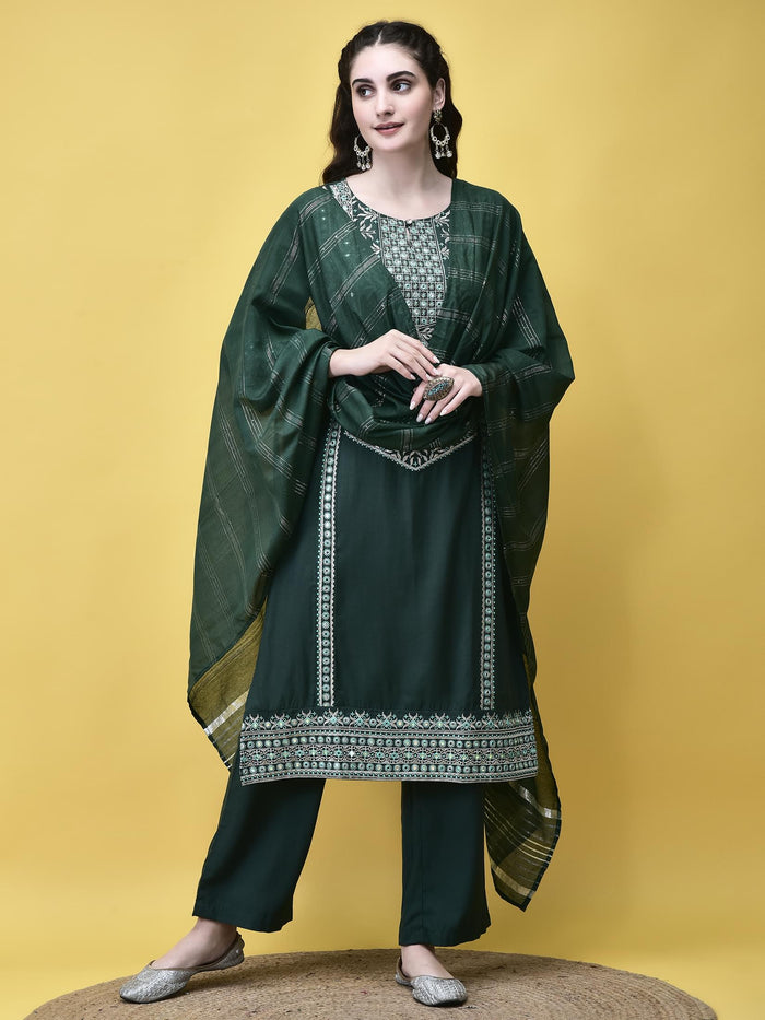 Women Poly Viscose Green Embroidered Kurta Comfort Pant Chanderi Dupatta.