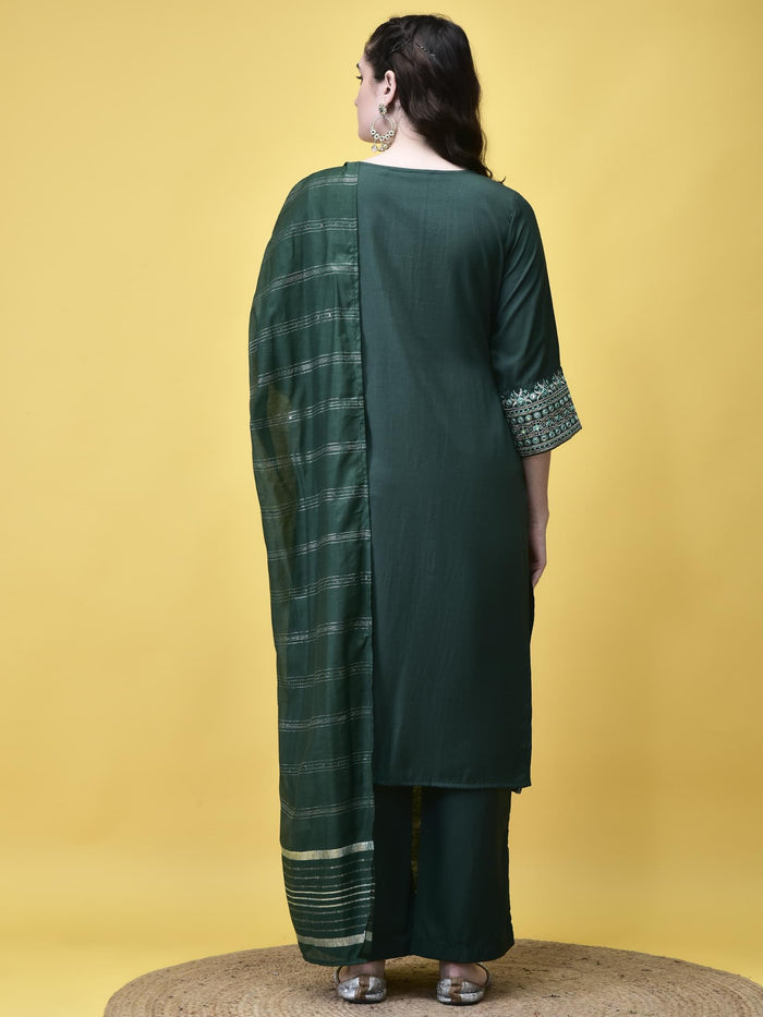 Women Poly Viscose Green Embroidered Kurta Comfort Pant Chanderi Dupatta.