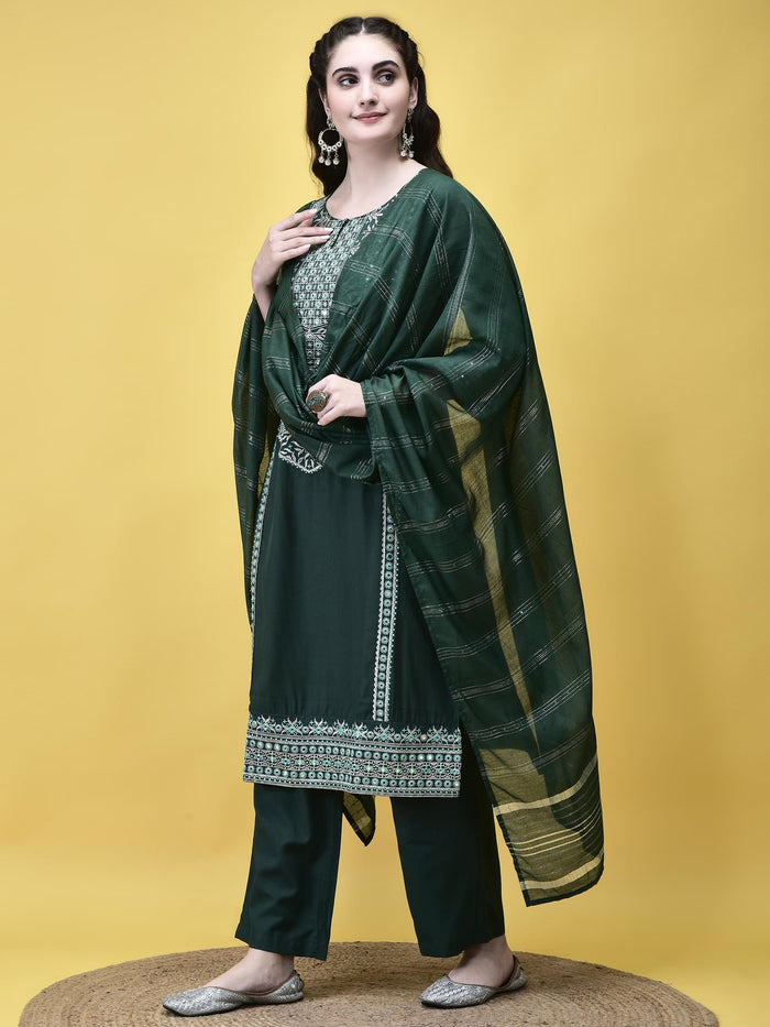 Women Poly Viscose Green Embroidered Kurta Comfort Pant Chanderi Dupatta.