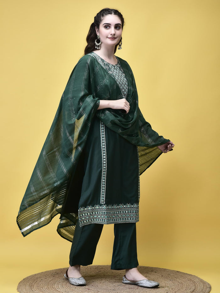 Women Poly Viscose Green Embroidered Kurta Comfort Pant Chanderi Dupatta.