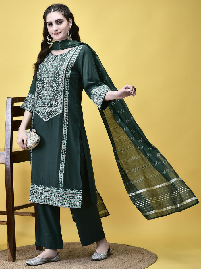 Women Poly Viscose Green Embroidered Kurta Comfort Pant Chanderi Dupatta.