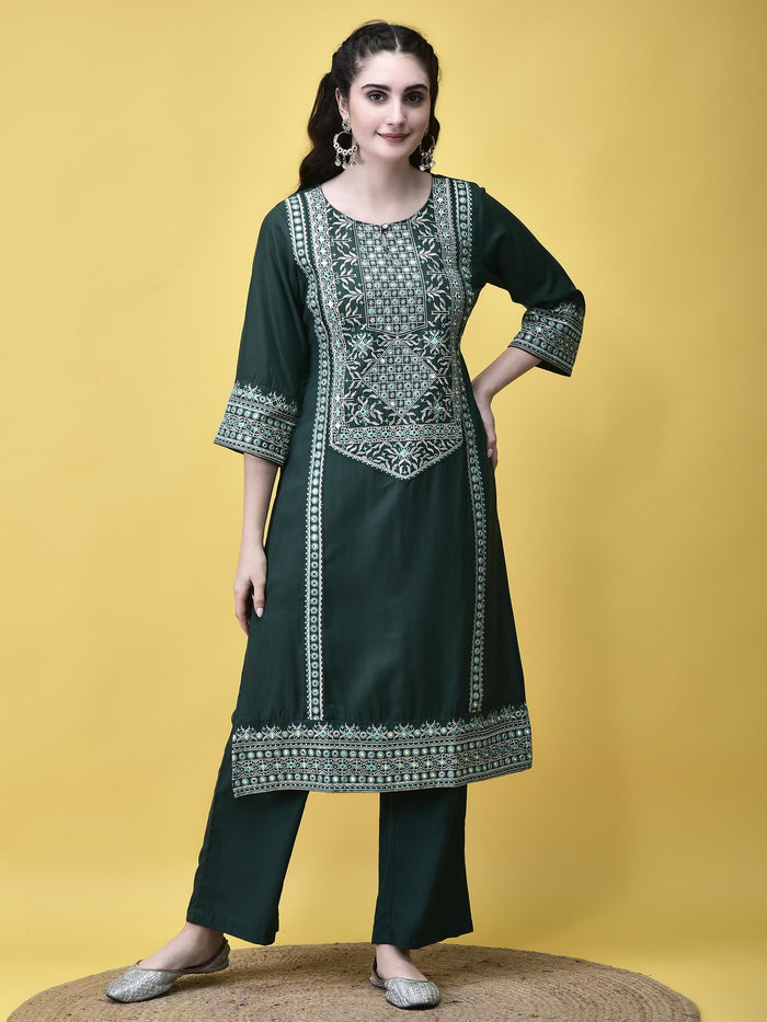 Women Poly Viscose Green Embroidered Kurta Comfort Pant Chanderi Dupatta.