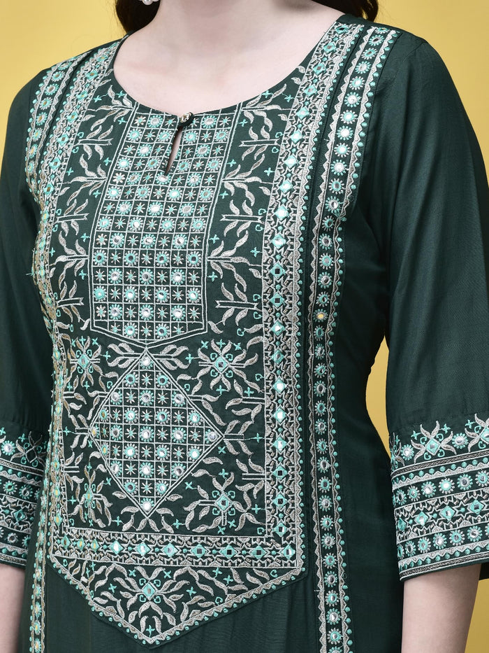 Women Poly Viscose Green Embroidered Kurta Comfort Pant Chanderi Dupatta.