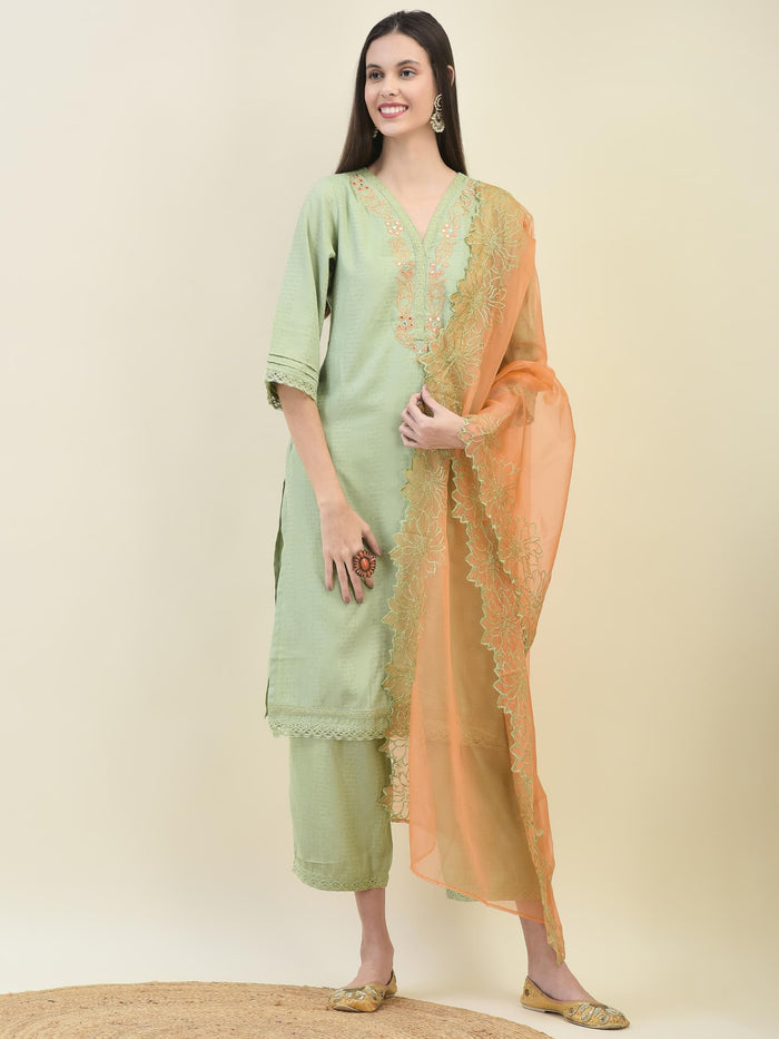 Women Poly Viscose Green Embroidered Kurta Comfort Pant Dupatta.