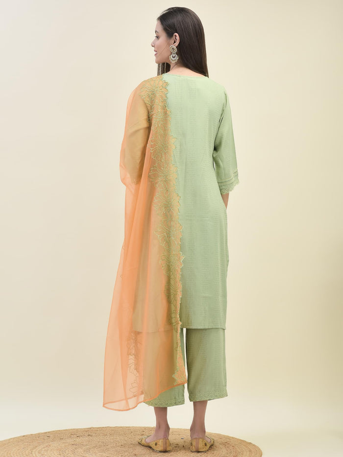 Women Poly Viscose Green Embroidered Kurta Comfort Pant Dupatta.