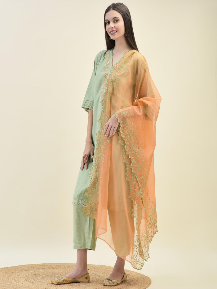 Women Poly Viscose Green Embroidered Kurta Comfort Pant Dupatta.