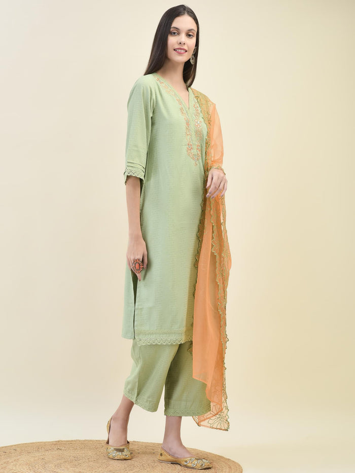 Women Poly Viscose Green Embroidered Kurta Comfort Pant Dupatta.