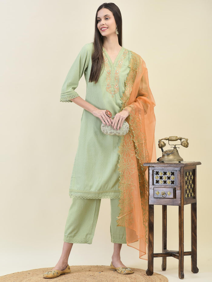 Women Poly Viscose Green Embroidered Kurta Comfort Pant Dupatta.