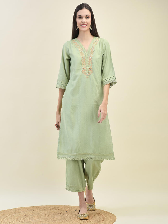 Women Poly Viscose Green Embroidered Kurta Comfort Pant Dupatta.