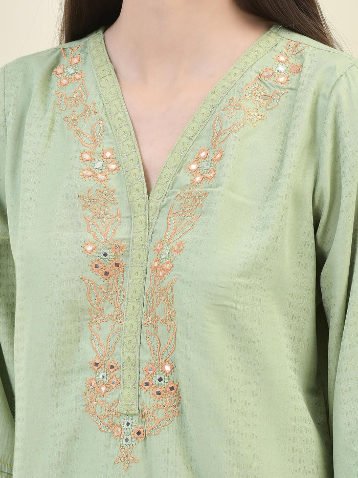 Women Poly Viscose Green Embroidered Kurta Comfort Pant Dupatta.