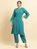 Women Poly Viscose Green Embroidered Kurta With Comfort Pant.