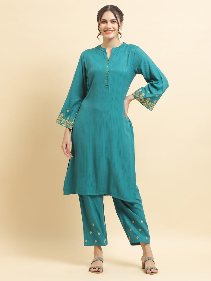 Women Poly Viscose Green Embroidered Kurta With Comfort Pant.