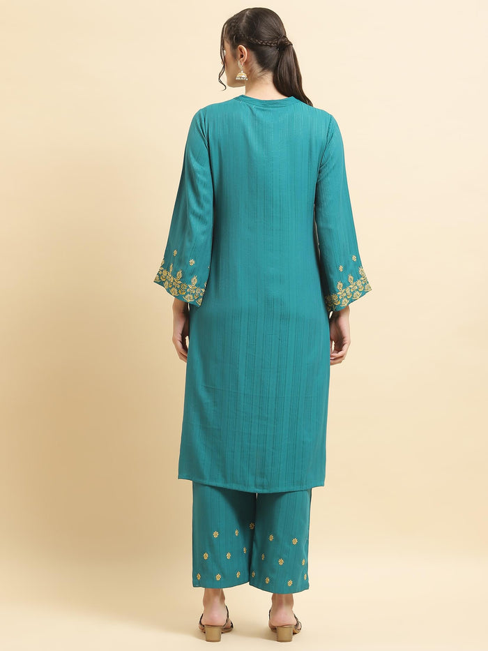 Women Poly Viscose Green Embroidered Kurta With Comfort Pant.