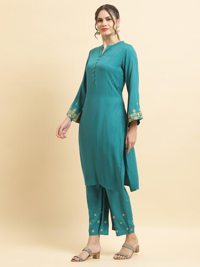 Women Poly Viscose Green Embroidered Kurta With Comfort Pant.