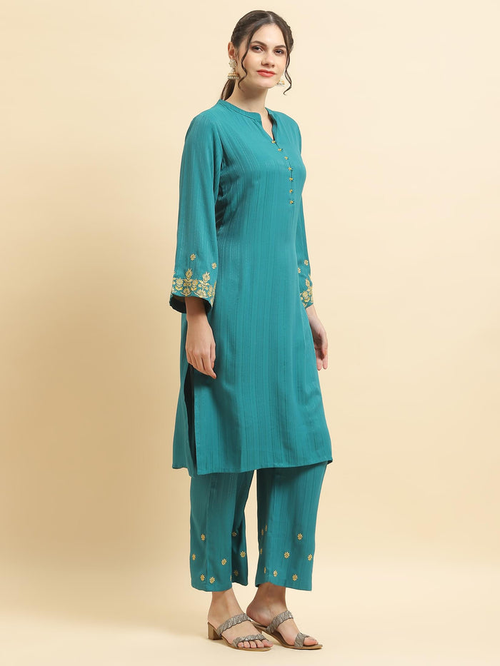Women Poly Viscose Green Embroidered Kurta With Comfort Pant.